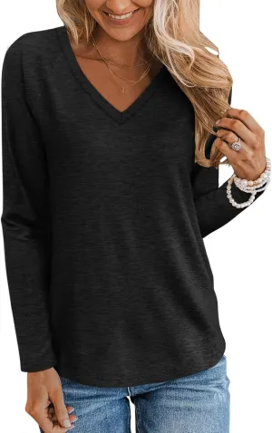 TICTICMIMI Women's V Neck Long Sleeve Tops Casual T Shirts Basic Blouse Tees Loose Fit Lightweight Tunic Shirts