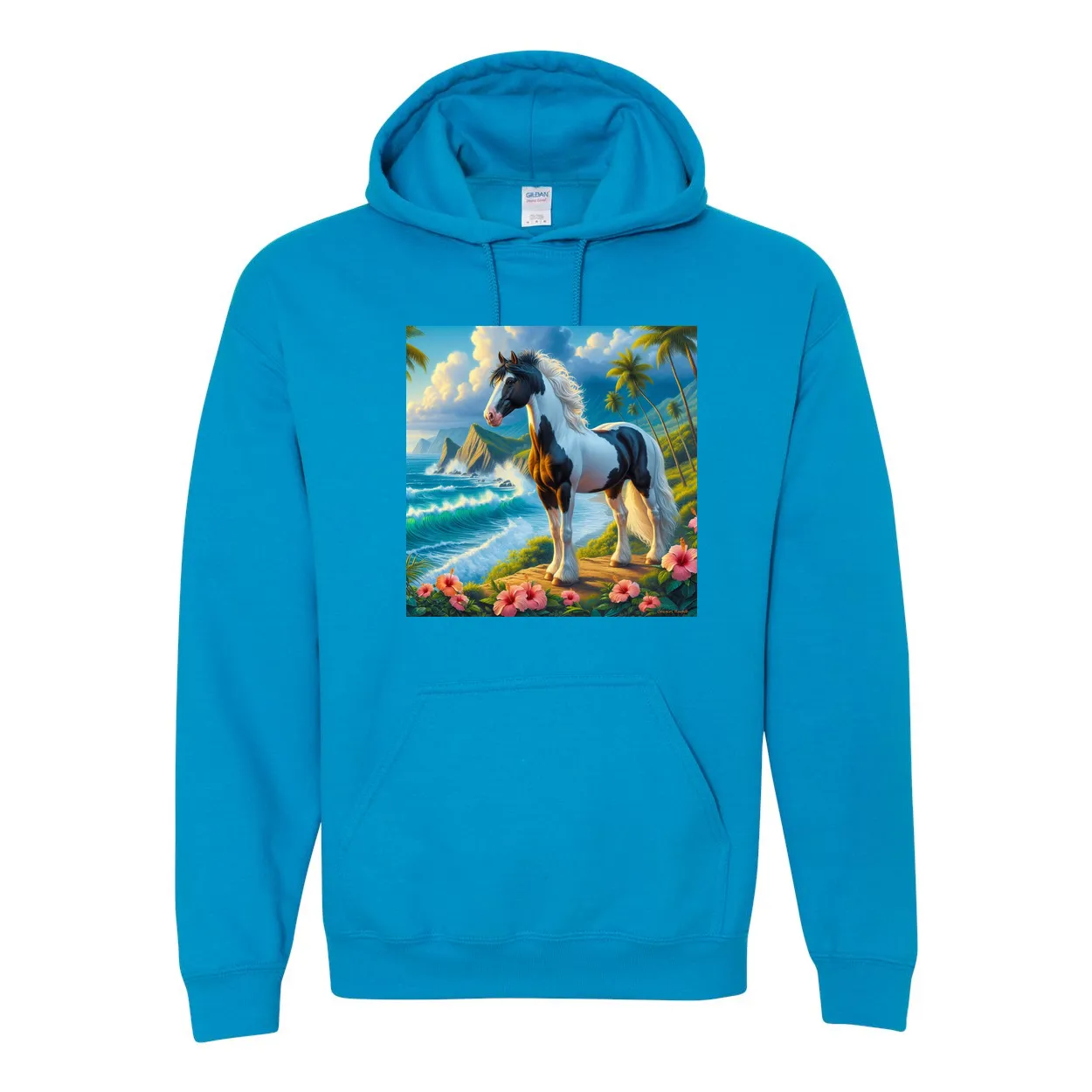 Tropical Black and White Paint Horse Pull over Front Pocket Hoodies