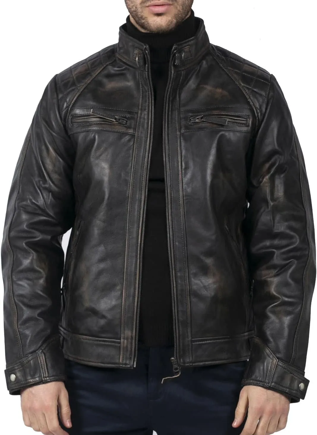 TruClothing Men's Biker Jacket Outwear Windproof Winter Motorcycle Rider Real Leather Jackets Coat Retro