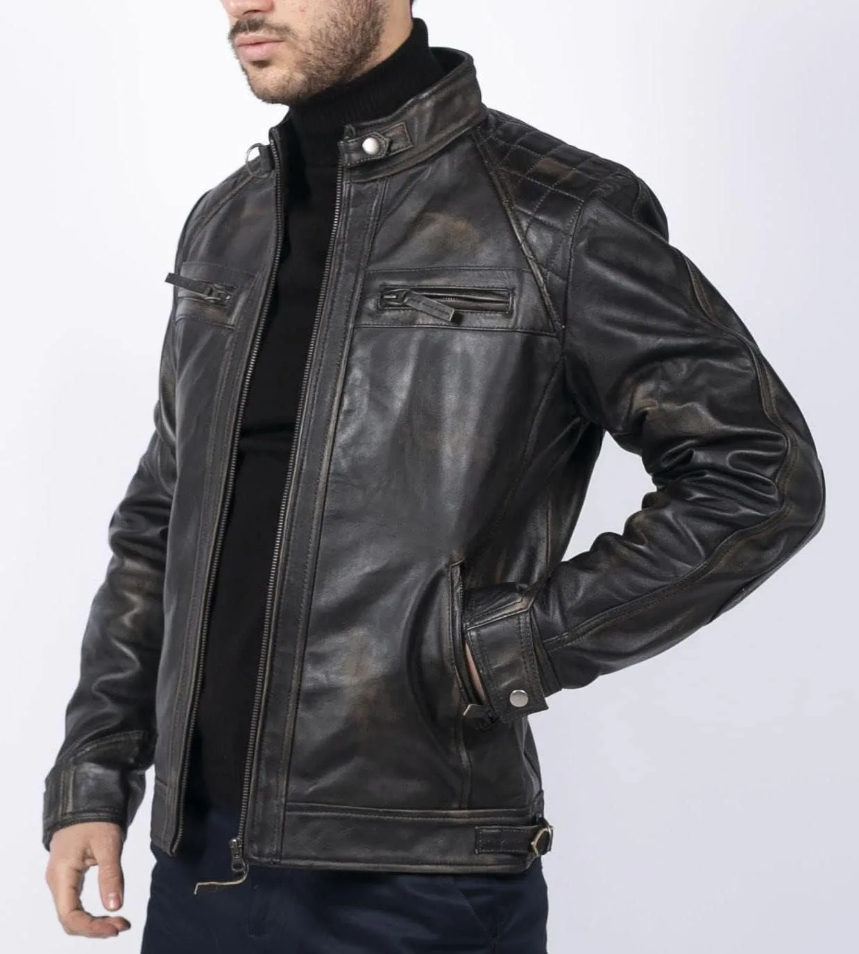 TruClothing Men's Biker Jacket Outwear Windproof Winter Motorcycle Rider Real Leather Jackets Coat Retro