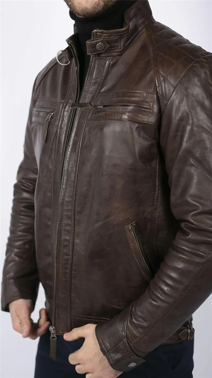 TruClothing Men's Biker Jacket Outwear Windproof Winter Motorcycle Rider Real Leather Jackets Coat Retro