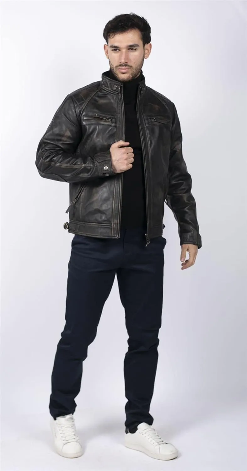 TruClothing Men's Biker Jacket Outwear Windproof Winter Motorcycle Rider Real Leather Jackets Coat Retro