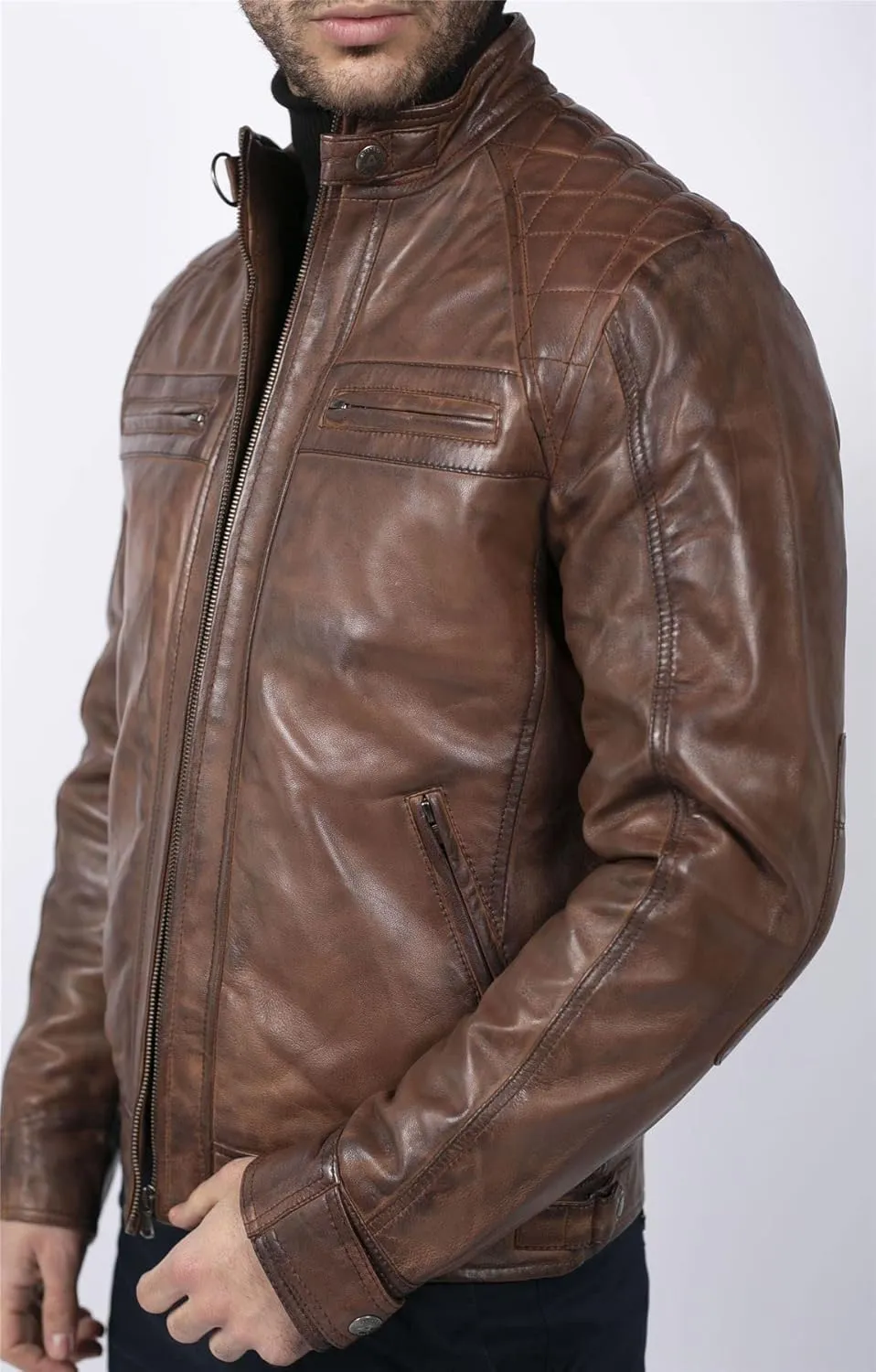 TruClothing Men's Biker Jacket Outwear Windproof Winter Motorcycle Rider Real Leather Jackets Coat Retro