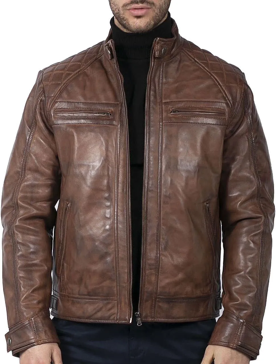TruClothing Men's Biker Jacket Outwear Windproof Winter Motorcycle Rider Real Leather Jackets Coat Retro