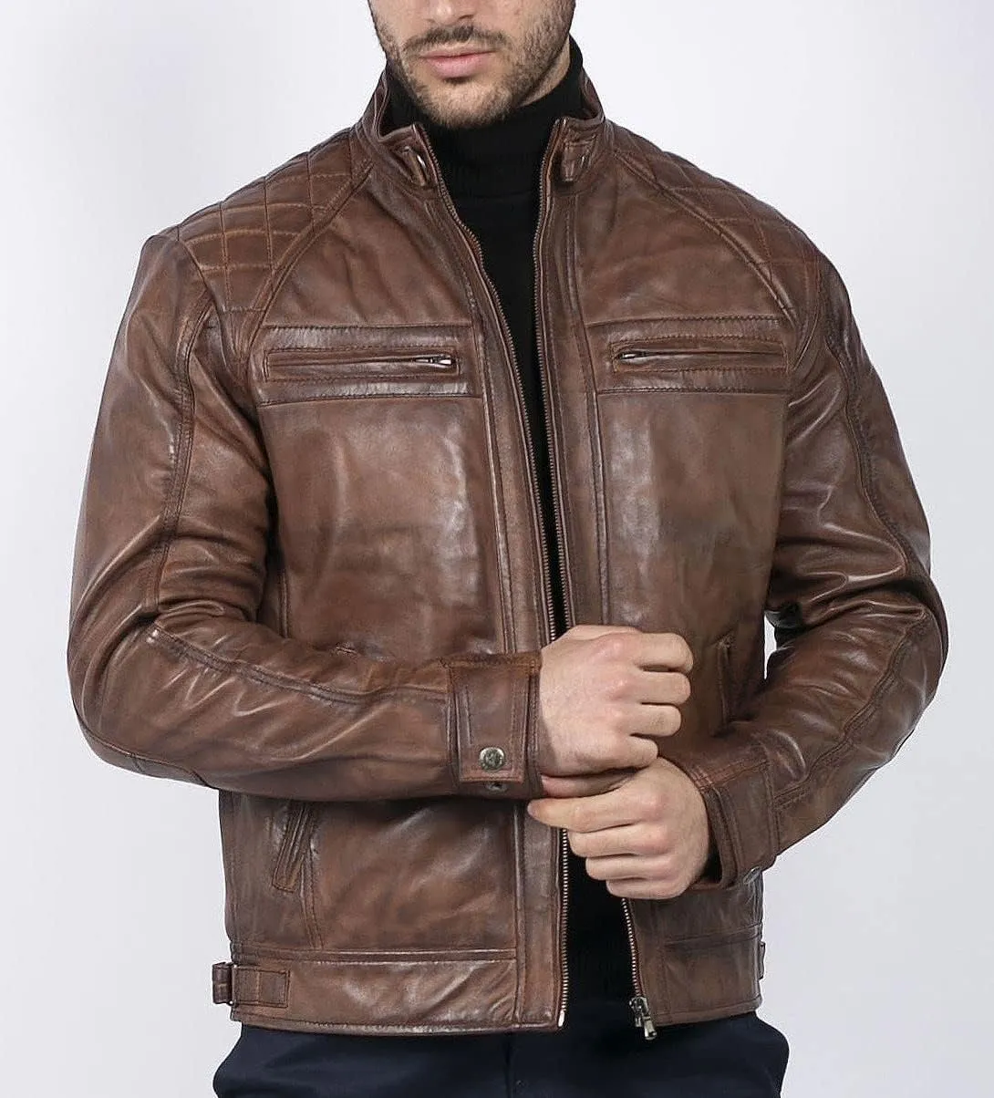 TruClothing Men's Biker Jacket Outwear Windproof Winter Motorcycle Rider Real Leather Jackets Coat Retro