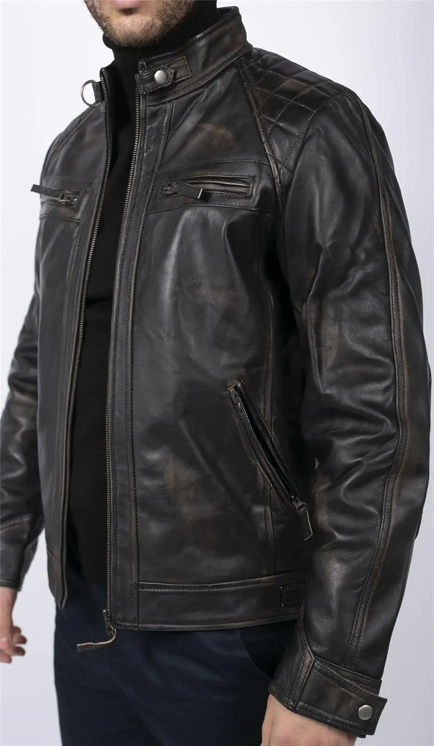 TruClothing Men's Biker Jacket Outwear Windproof Winter Motorcycle Rider Real Leather Jackets Coat Retro