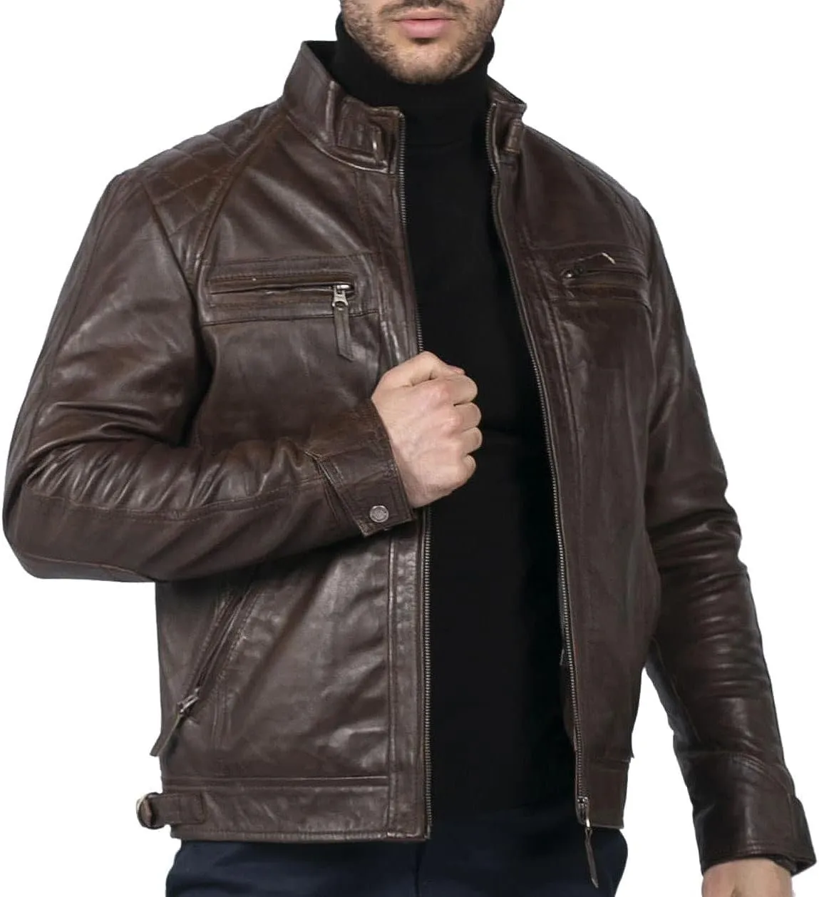 TruClothing Men's Biker Jacket Outwear Windproof Winter Motorcycle Rider Real Leather Jackets Coat Retro