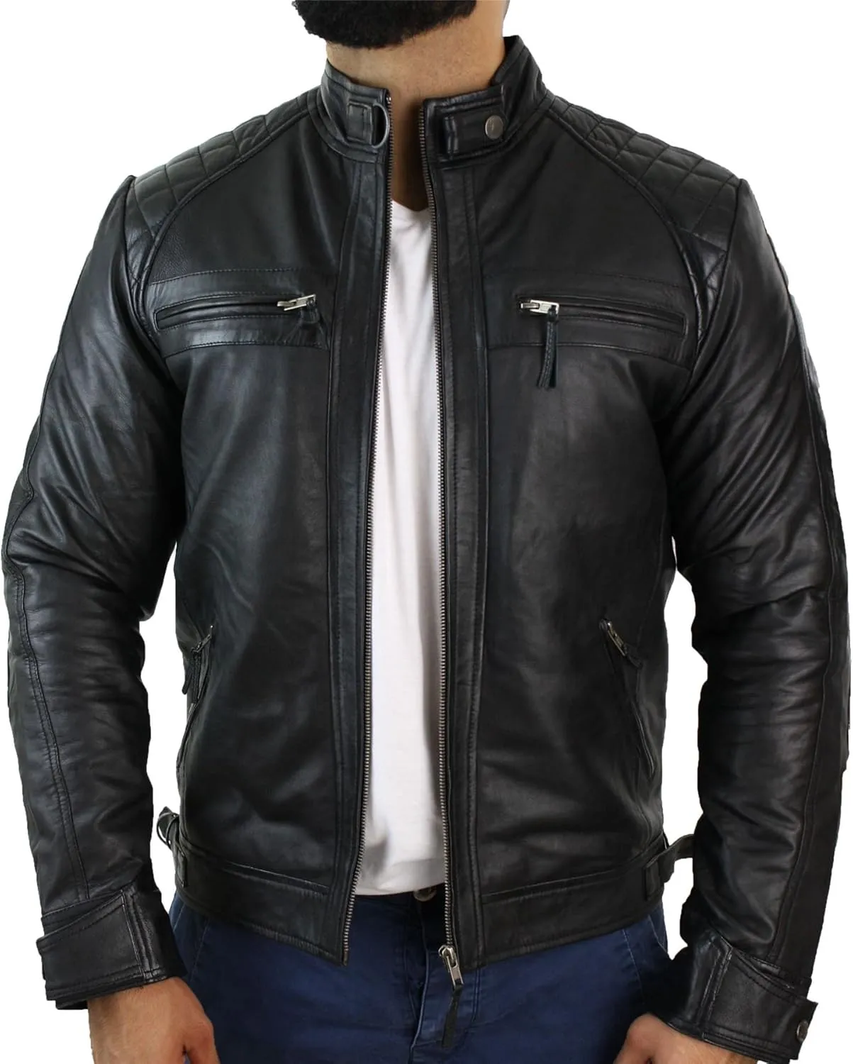 TruClothing Men's Biker Jacket Outwear Windproof Winter Motorcycle Rider Real Leather Jackets Coat Retro