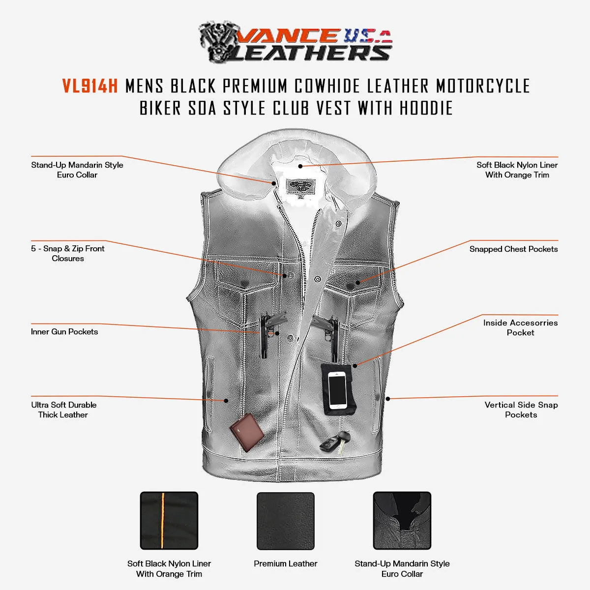 Vance Mens Black Premium Cowhide Leather Motorcycle Biker SOA Style Club Vest with Hoodie