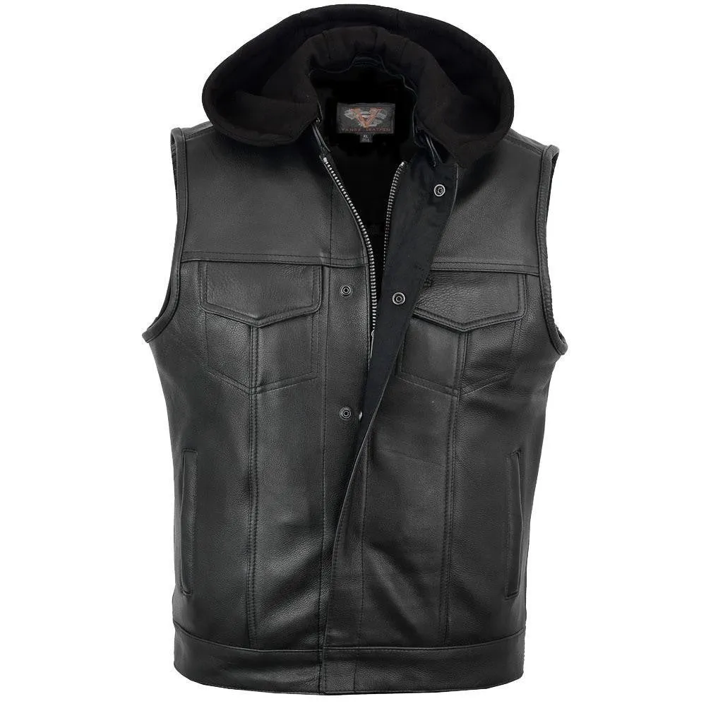 Vance Mens Black Premium Cowhide Leather Motorcycle Biker SOA Style Club Vest with Hoodie