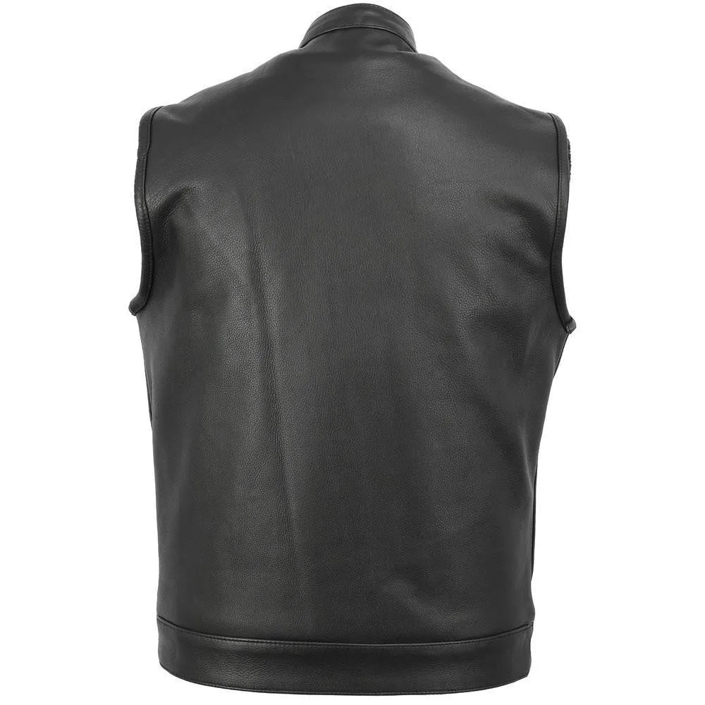 Vance Mens Black Premium Cowhide Leather Motorcycle Biker SOA Style Club Vest with Hoodie