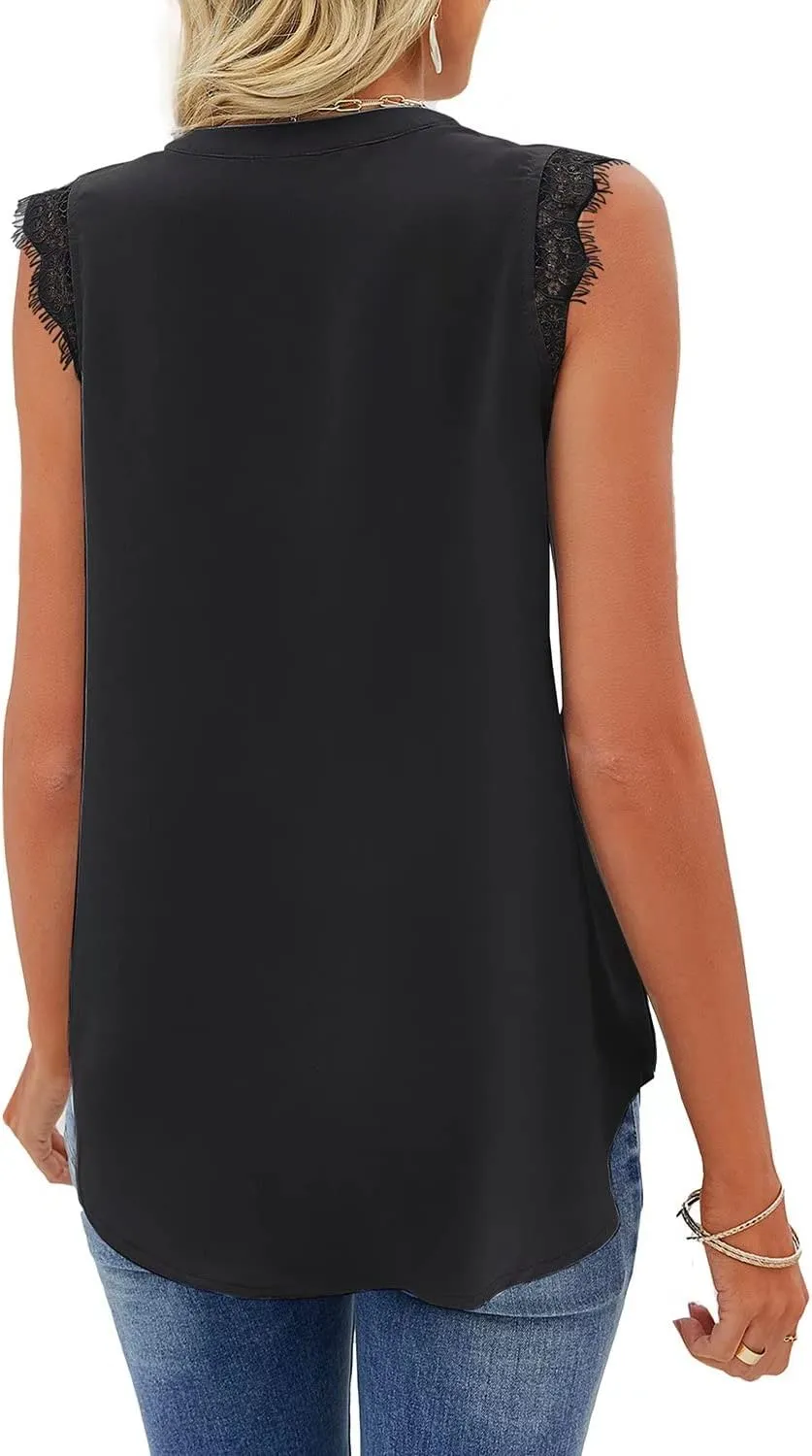 WELINCO Women's Summer Casual Sleeveless V Neck Lace Trim Tank Tops Loose Blouse Tees