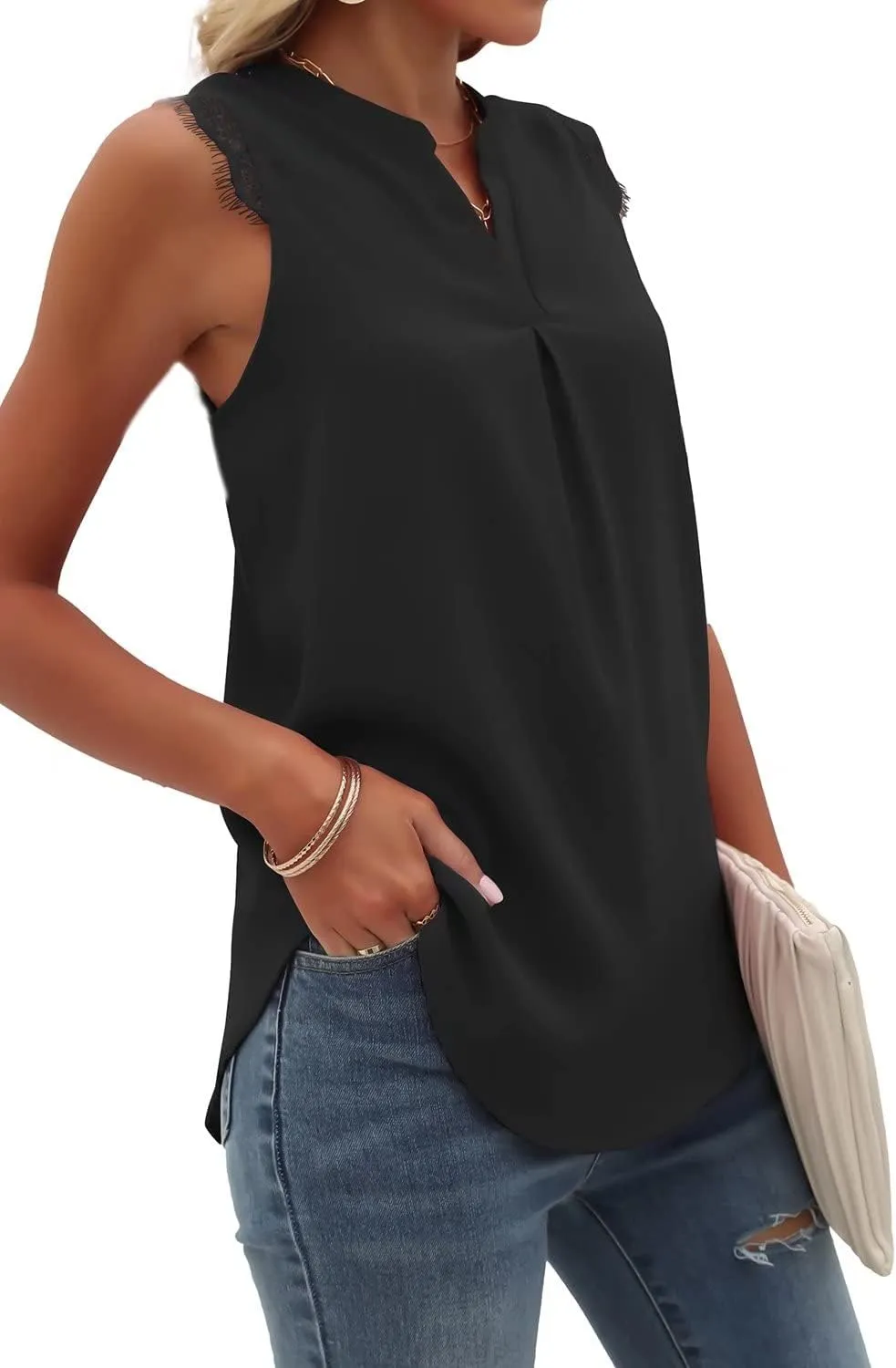WELINCO Women's Summer Casual Sleeveless V Neck Lace Trim Tank Tops Loose Blouse Tees