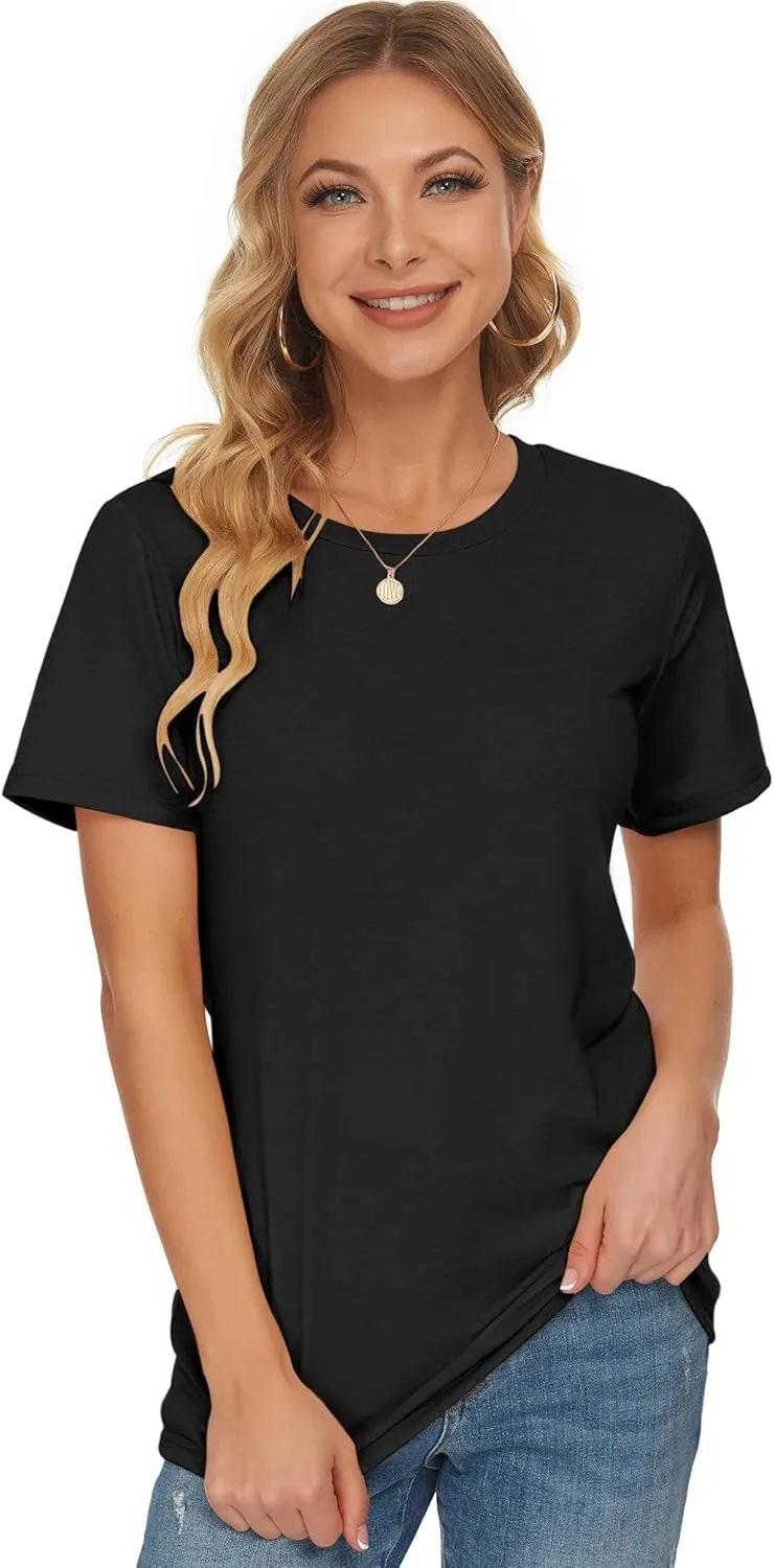 WNEEDU Womens T Shirts Short Sleeve Crewneck Loose Summer Tees Basic Tops