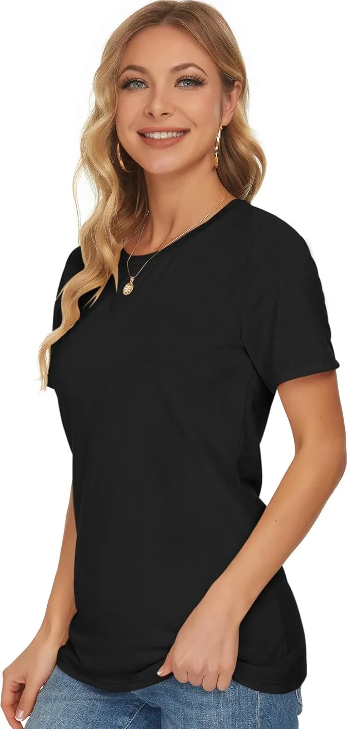 WNEEDU Womens T Shirts Short Sleeve Crewneck Loose Summer Tees Basic Tops