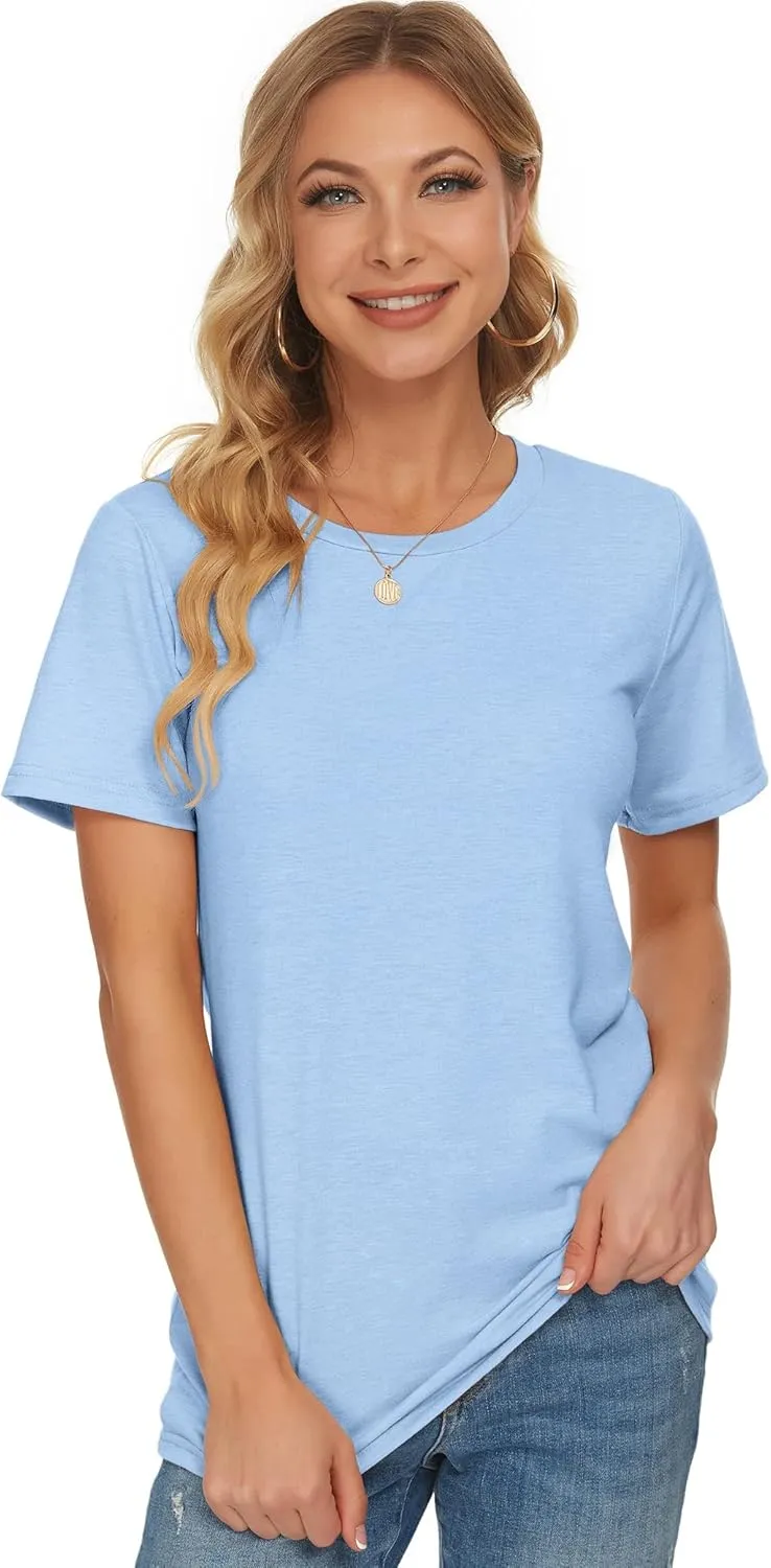 WNEEDU Womens T Shirts Short Sleeve Crewneck Loose Summer Tees Basic Tops