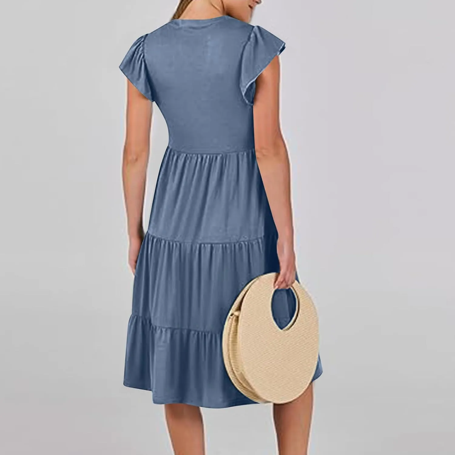 Women Casual Sundresses Ruffle Sleeveless V Neck Midi Dress Soft Tiered Babydoll Summer Dresses Wedding Guest Dress