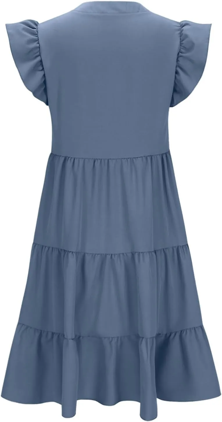 Women Casual Sundresses Ruffle Sleeveless V Neck Midi Dress Soft Tiered Babydoll Summer Dresses Wedding Guest Dress