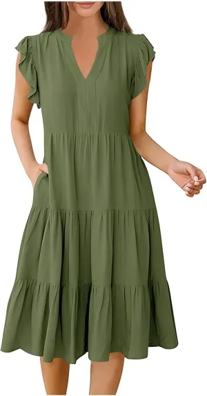 Women Casual Sundresses Ruffle Sleeveless V Neck Midi Dress Soft Tiered Babydoll Summer Dresses Wedding Guest Dress