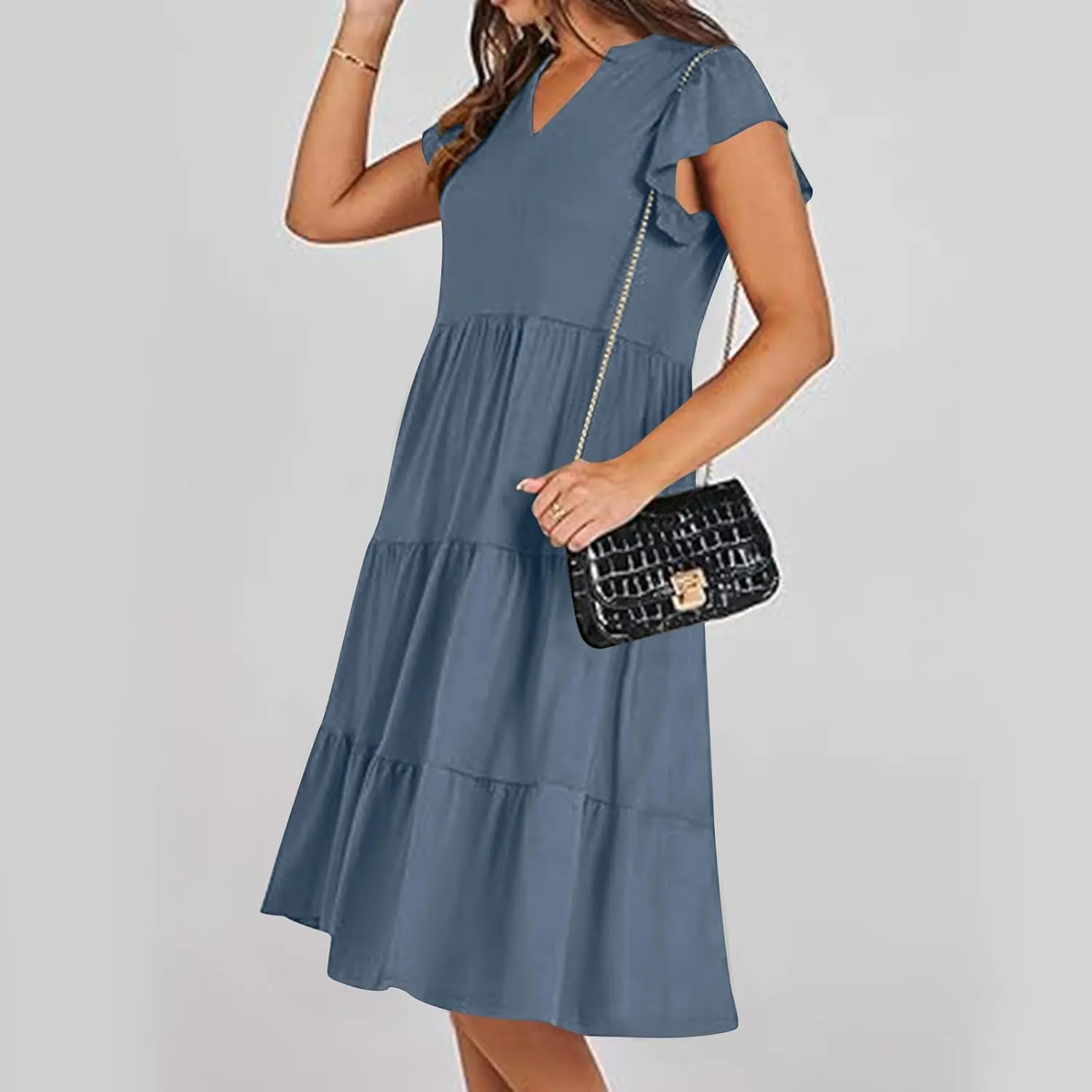 Women Casual Sundresses Ruffle Sleeveless V Neck Midi Dress Soft Tiered Babydoll Summer Dresses Wedding Guest Dress