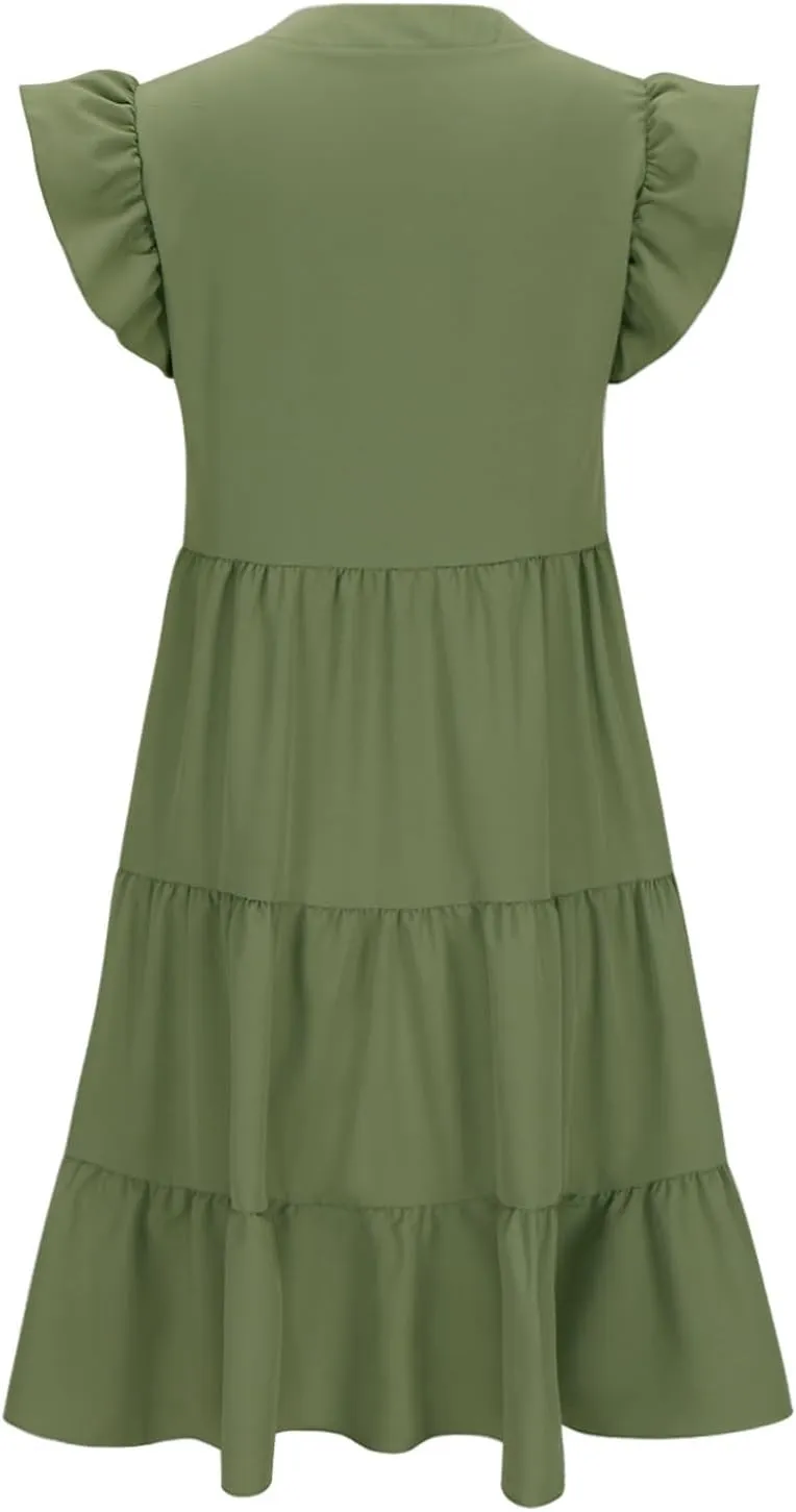 Women Casual Sundresses Ruffle Sleeveless V Neck Midi Dress Soft Tiered Babydoll Summer Dresses Wedding Guest Dress
