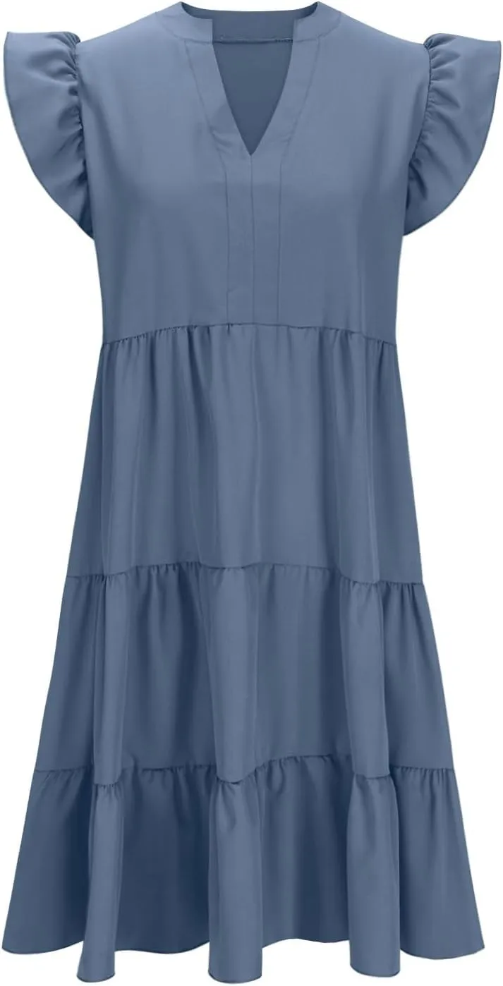Women Casual Sundresses Ruffle Sleeveless V Neck Midi Dress Soft Tiered Babydoll Summer Dresses Wedding Guest Dress