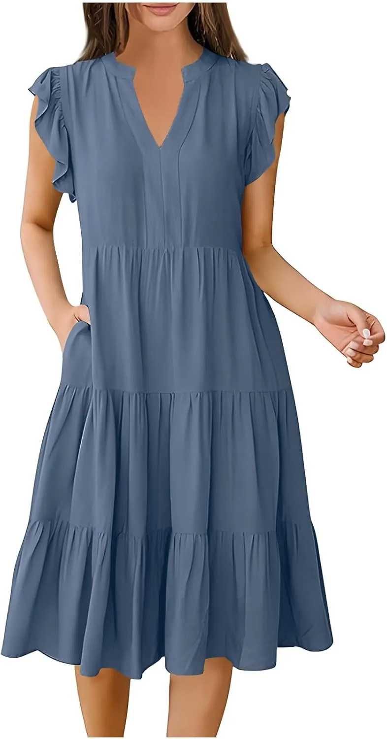 Women Casual Sundresses Ruffle Sleeveless V Neck Midi Dress Soft Tiered Babydoll Summer Dresses Wedding Guest Dress