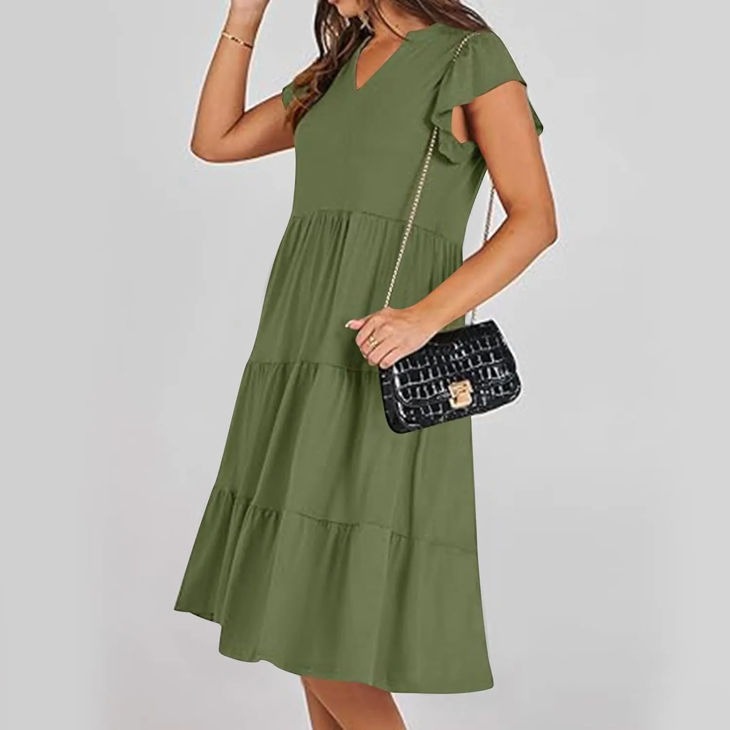 Women Casual Sundresses Ruffle Sleeveless V Neck Midi Dress Soft Tiered Babydoll Summer Dresses Wedding Guest Dress