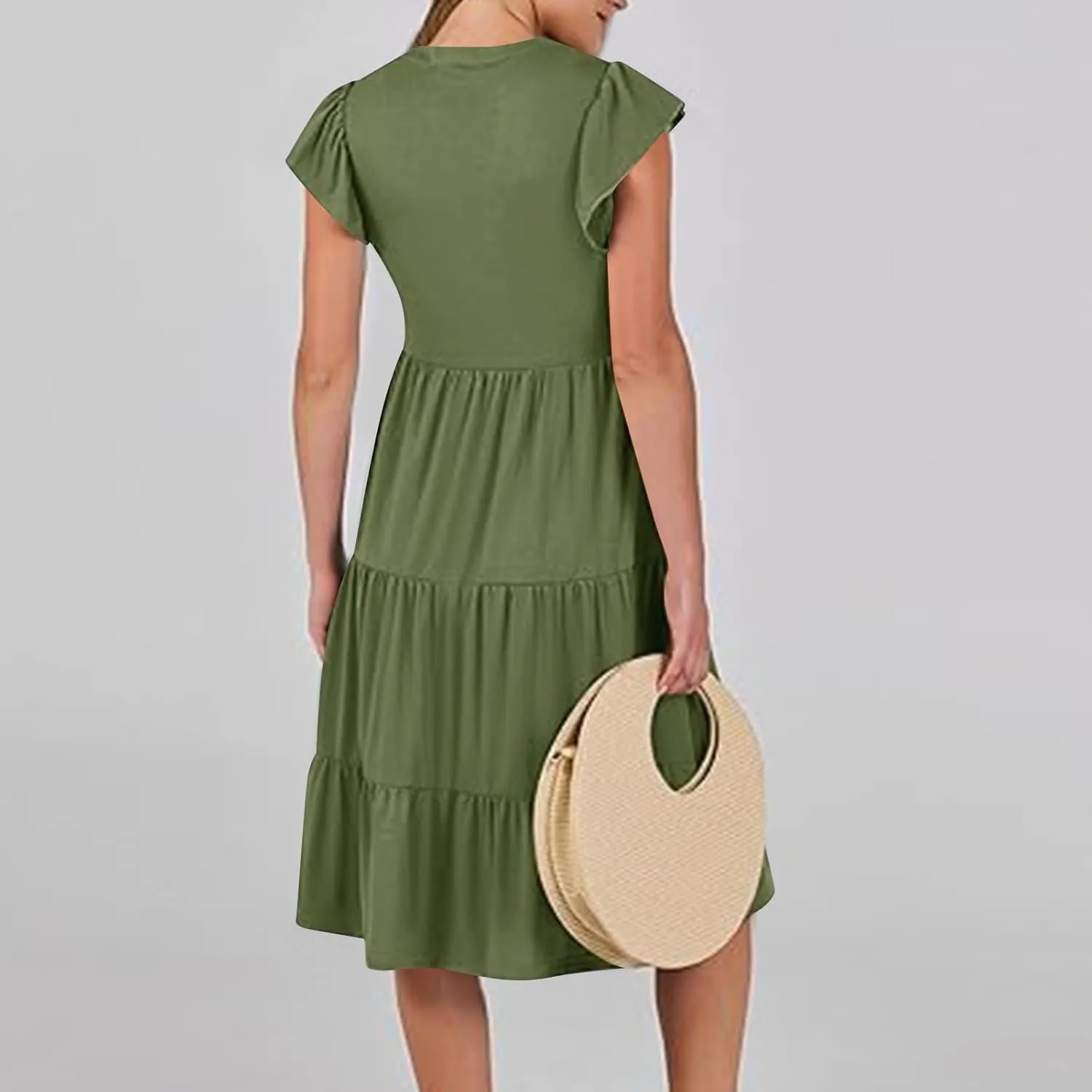 Women Casual Sundresses Ruffle Sleeveless V Neck Midi Dress Soft Tiered Babydoll Summer Dresses Wedding Guest Dress
