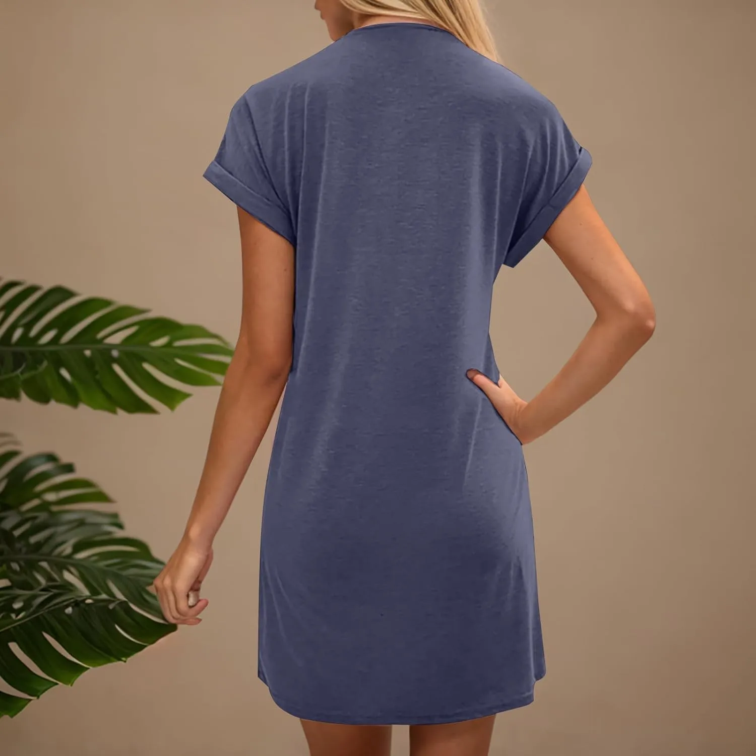 Women Solid Color Casual Mini Dress, Summer Short Sleeve Crewneck Vacation Clothes Soft Comfy Loose Breathable Dresses