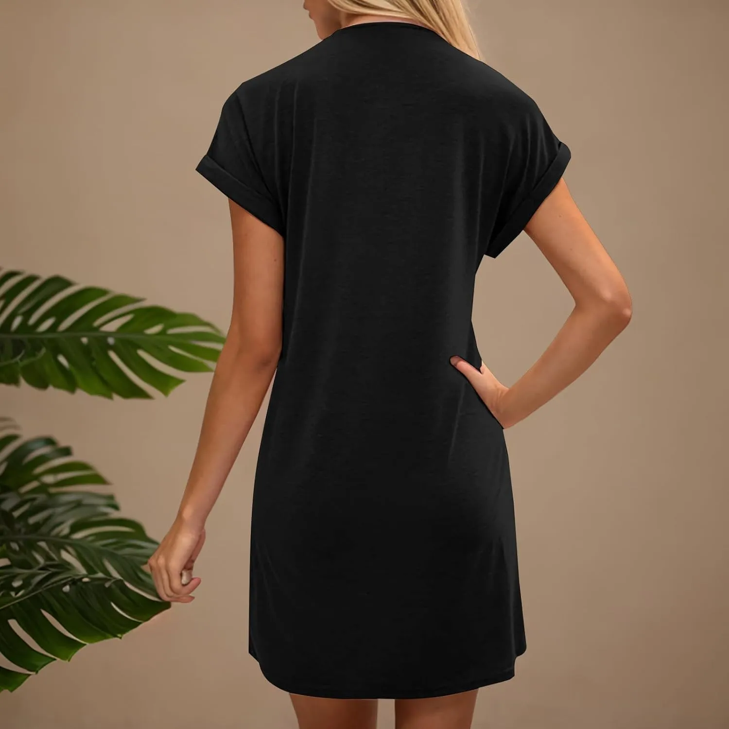 Women Solid Color Casual Mini Dress, Summer Short Sleeve Crewneck Vacation Clothes Soft Comfy Loose Breathable Dresses