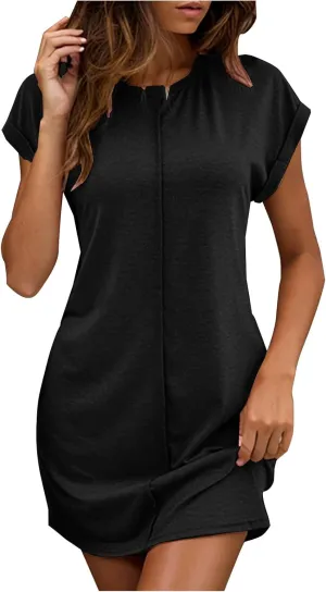 Women Solid Color Casual Mini Dress, Summer Short Sleeve Crewneck Vacation Clothes Soft Comfy Loose Breathable Dresses