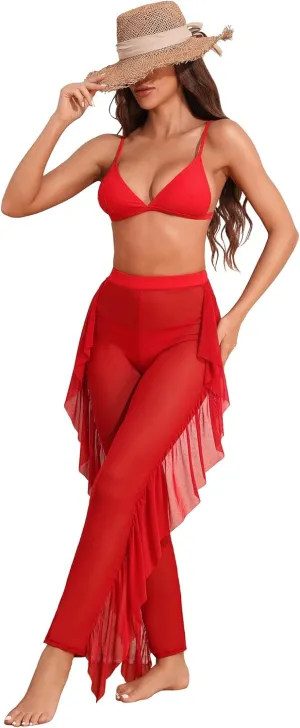 Womens Bikini Set High Waisted Mesh Coverup Pants Ruffled 3 Piece Swimsuit Set