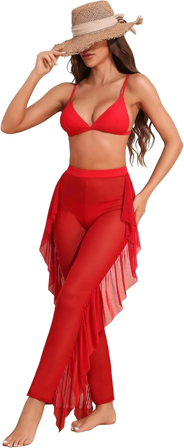 Womens Bikini Set High Waisted Mesh Coverup Pants Ruffled 3 Piece Swimsuit Set