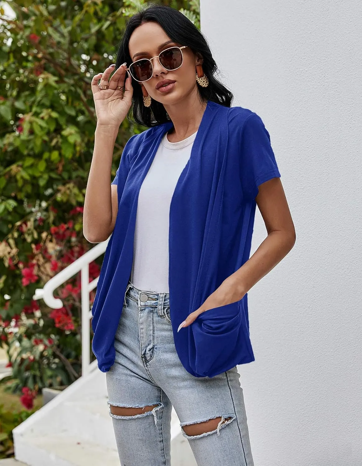 Women's Cardigans Short Sleeve Summer Lightweight Sheer Open Front Drape Casual Blouses Tops