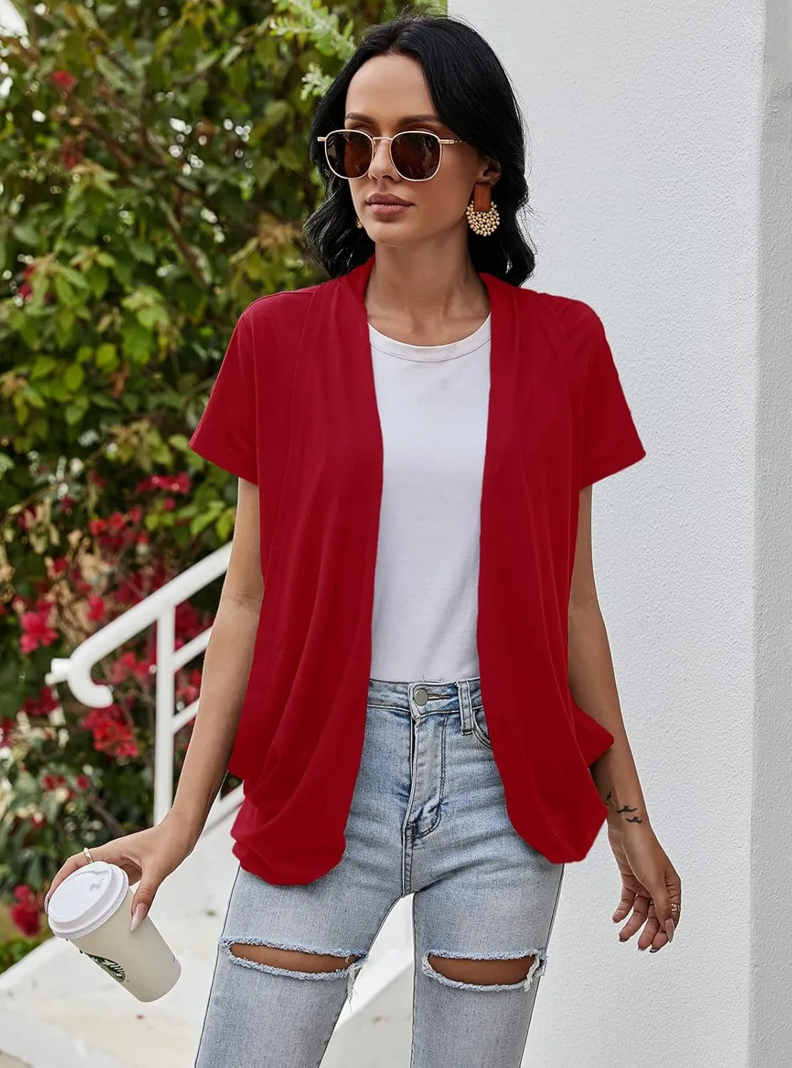 Women's Cardigans Short Sleeve Summer Lightweight Sheer Open Front Drape Casual Blouses Tops