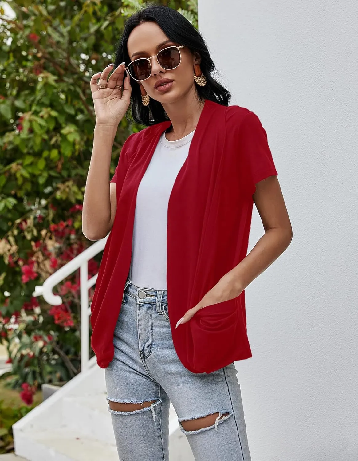 Women's Cardigans Short Sleeve Summer Lightweight Sheer Open Front Drape Casual Blouses Tops