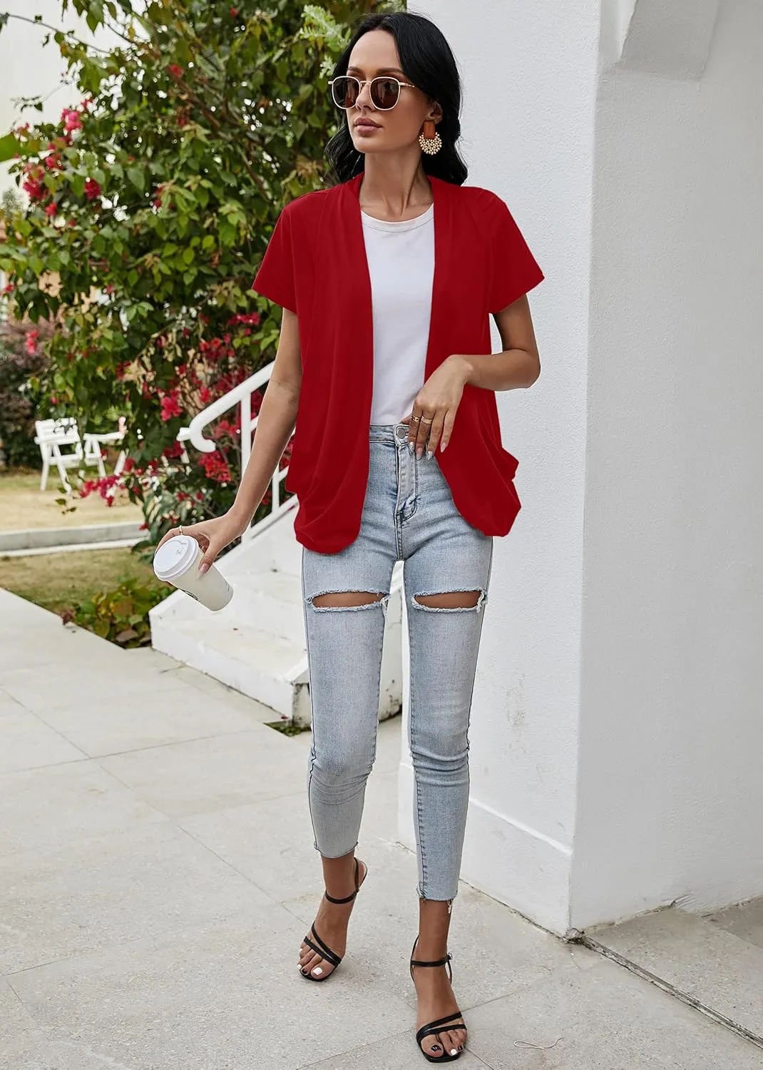 Women's Cardigans Short Sleeve Summer Lightweight Sheer Open Front Drape Casual Blouses Tops