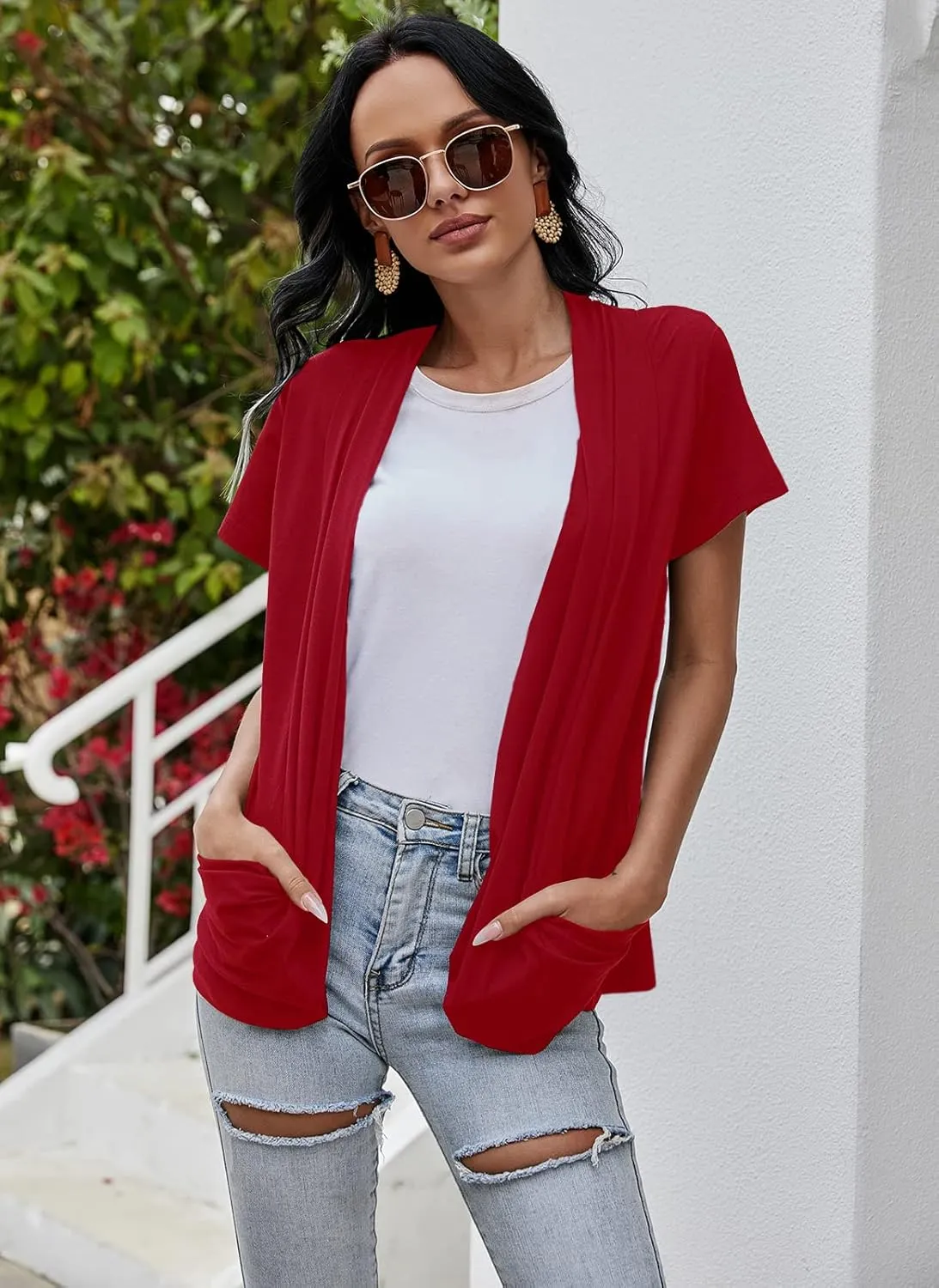 Women's Cardigans Short Sleeve Summer Lightweight Sheer Open Front Drape Casual Blouses Tops