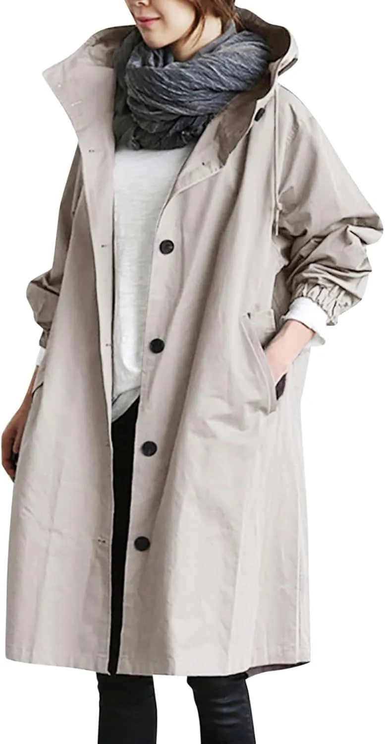 Women's Casual Jackets Long Trench Coat Windproof Classic Lapel Slim Overcoat