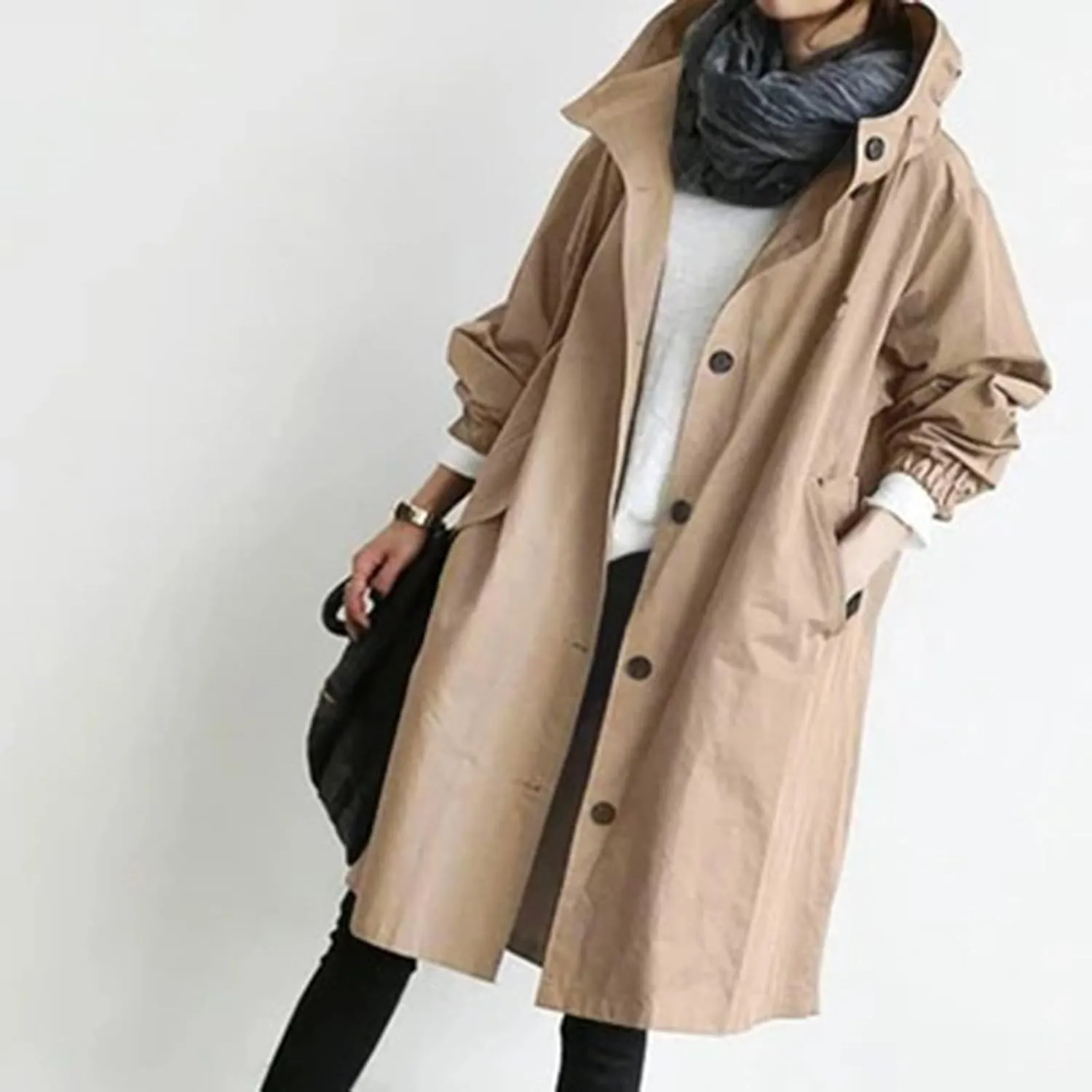 Women's Casual Jackets Long Trench Coat Windproof Classic Lapel Slim Overcoat