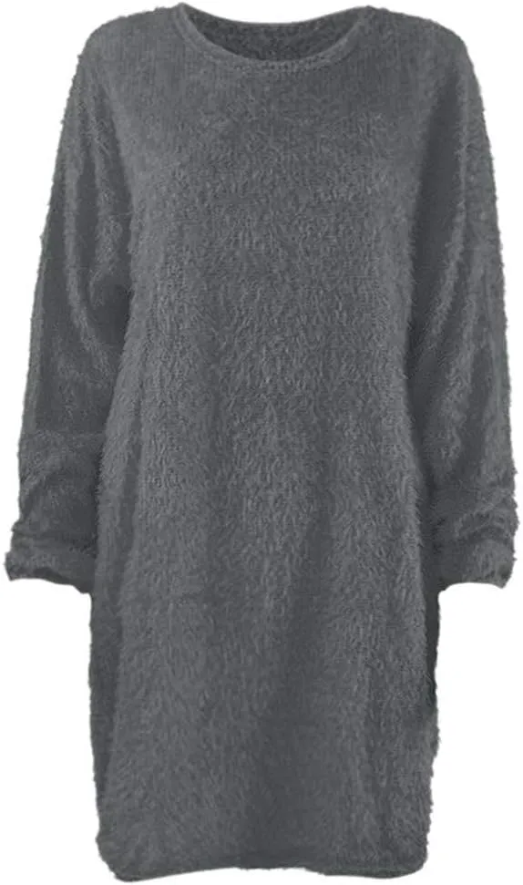 Womens Furry Sweater Dress Trendy Long Sleeve Crewneck Pullover Mini Dresses Oversized Soft Fall Winter Casual Dress