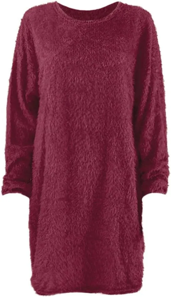 Womens Furry Sweater Dress Trendy Long Sleeve Crewneck Pullover Mini Dresses Oversized Soft Fall Winter Casual Dress