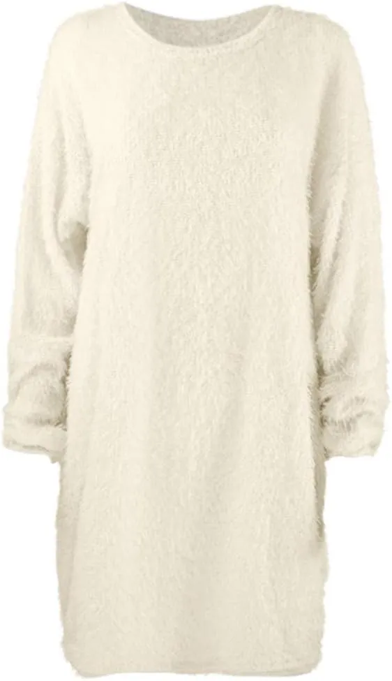 Womens Furry Sweater Dress Trendy Long Sleeve Crewneck Pullover Mini Dresses Oversized Soft Fall Winter Casual Dress