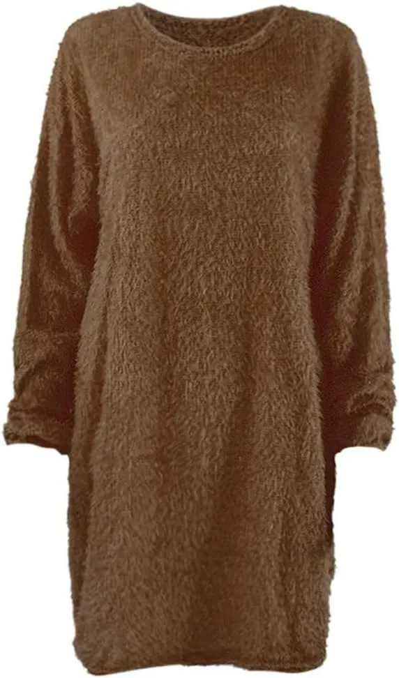 Womens Furry Sweater Dress Trendy Long Sleeve Crewneck Pullover Mini Dresses Oversized Soft Fall Winter Casual Dress