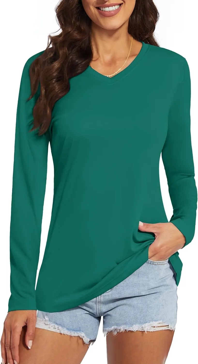 Women's Long Sleeve V Neck Workout Tops UPF50  Sun Protection Moisture Wicking Lightweight Swim T-Shirts
