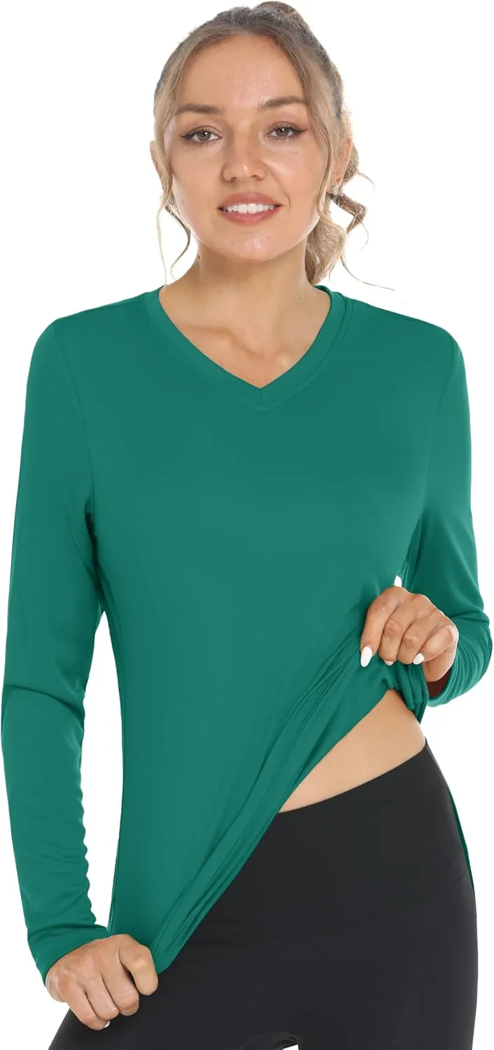 Women's Long Sleeve V Neck Workout Tops UPF50  Sun Protection Moisture Wicking Lightweight Swim T-Shirts