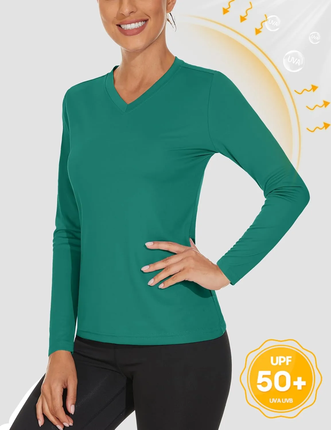 Women's Long Sleeve V Neck Workout Tops UPF50  Sun Protection Moisture Wicking Lightweight Swim T-Shirts