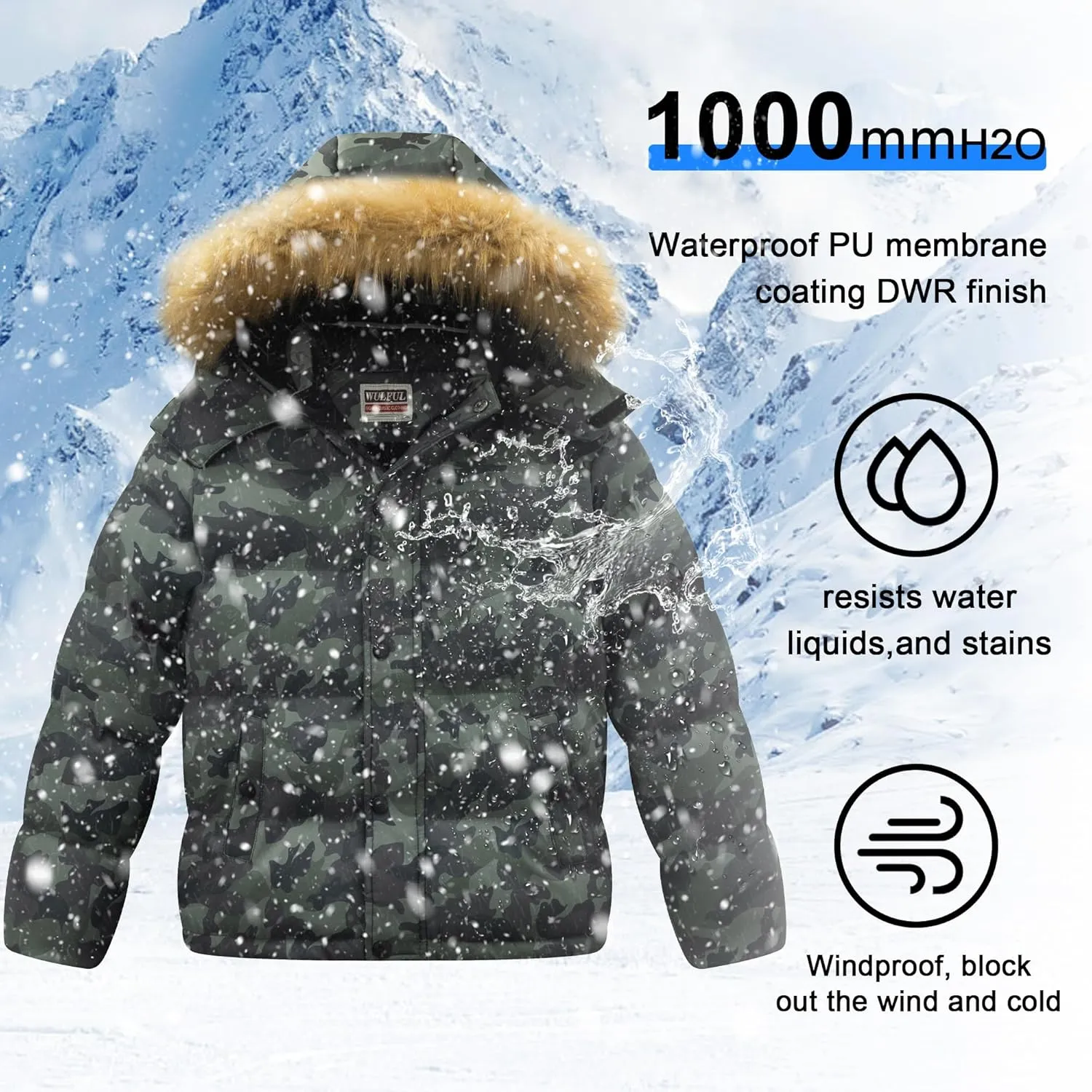 WULFUL Boy's Winter Coats Waterproof Fleece Lined Puffer Jackets Kids Thicken Outerwear With Detachable Hood
