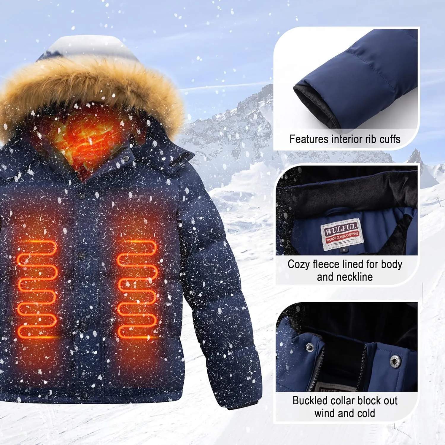 WULFUL Boy's Winter Coats Waterproof Fleece Lined Puffer Jackets Kids Thicken Outerwear With Detachable Hood